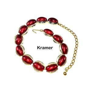 Vintage Kramer Red Cabochon Necklace, Burgundy Lucite, Gold Tone, 1950s, 16 Inch